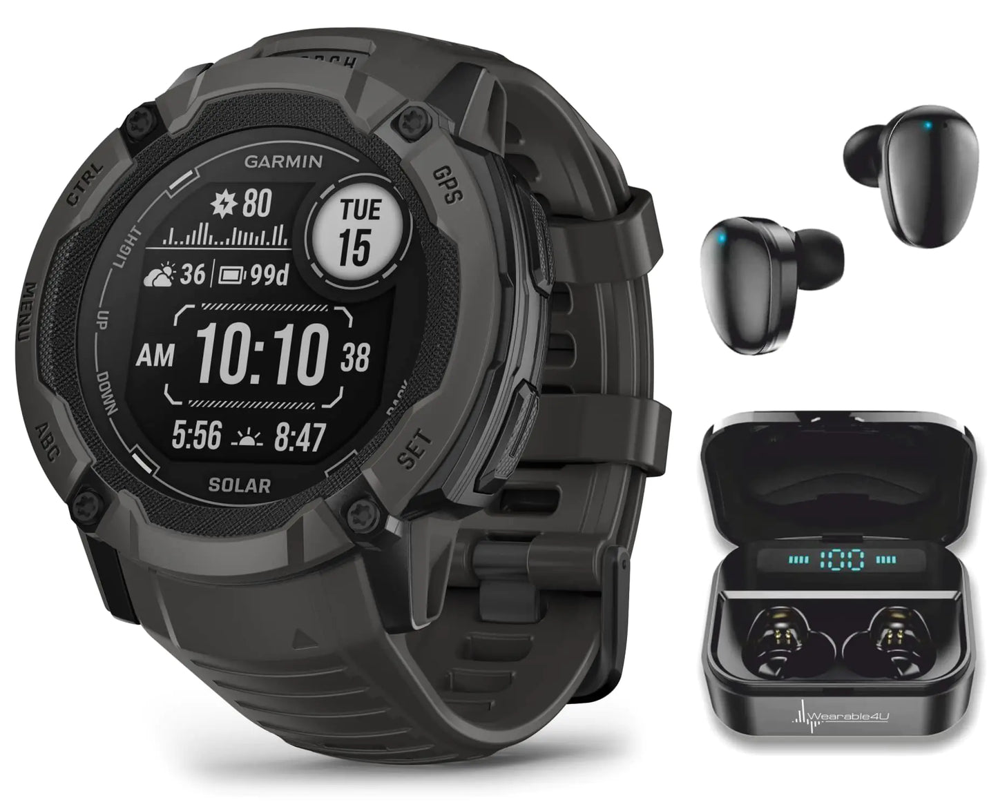 Wearable4U Garmin Instinct 2X Solar Rugged 50 mm GPS Smartwatch Graphite with Power Glass Lens LED Flashlight Black Earbuds Bundle by Anti Spier