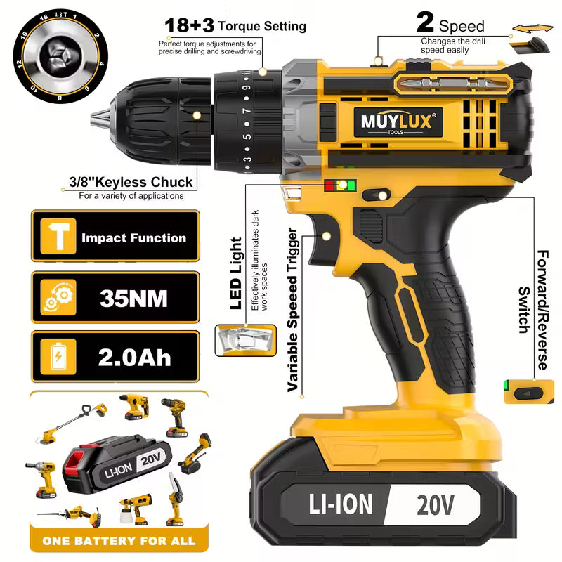 20V 2-Variable Speed Cordless Drill Set, Impact Power Drill With 3/8 Inch Keyless Chuck, 18+3 Clutch Electric Drill, Max Torque 45Nm, Work Light, 2.0AH Batteries And Fast Charger by Anti Spier