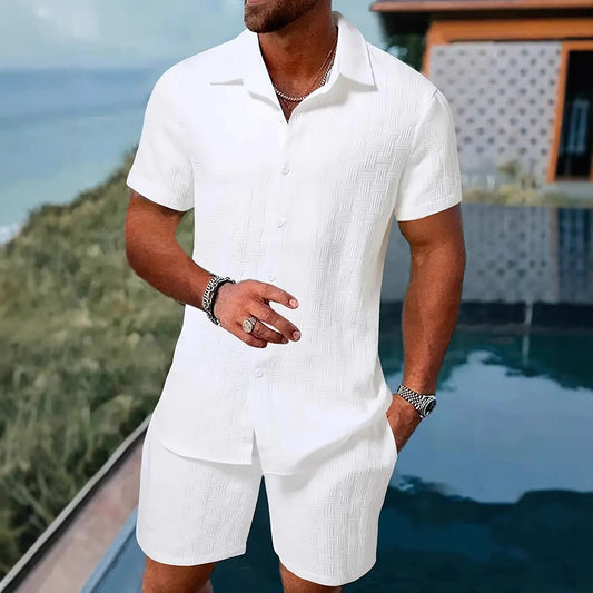 A two-piece set of jacquard black and white solid color short-sleeved men's vacation casual style shirt and shorts by Hypersku