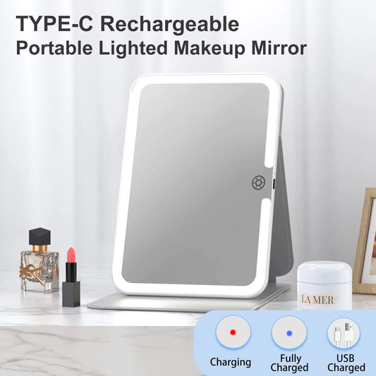 Rechargeable Travel Lighted Makeup Mirror with PU Leather Cover, Portable Travel Makeup Mirror with lights, 3 Color Lighting,Touch Sensor Dimmable, Light Up Tabletop Folding Cosmetic Mirror Colorful Colorful With Pu Cover by Anti Spier