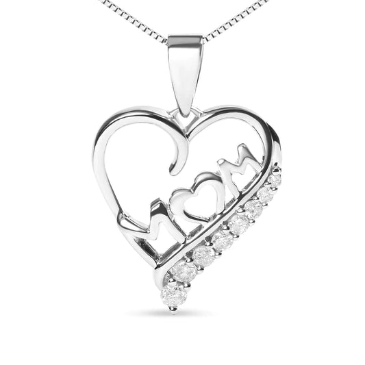 .925 Sterling Silver 1/4 Cttw Diamond "Mom" and Open Heart 18" Pendant Necklace (I-J Color, I2-I3 Clarity) by Anti Spier