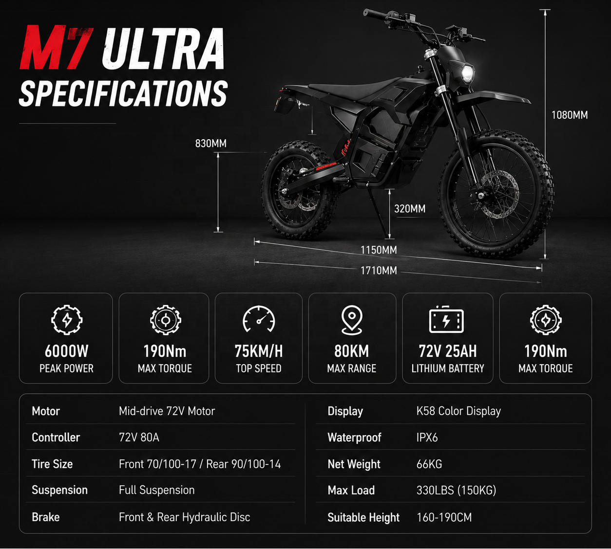OEM 190Nm High-Torque Central Motor Mid-Drive Electric Dirt Bike 72V 25AH Lithium 6000W Brushless Adult Extreme Off-Road