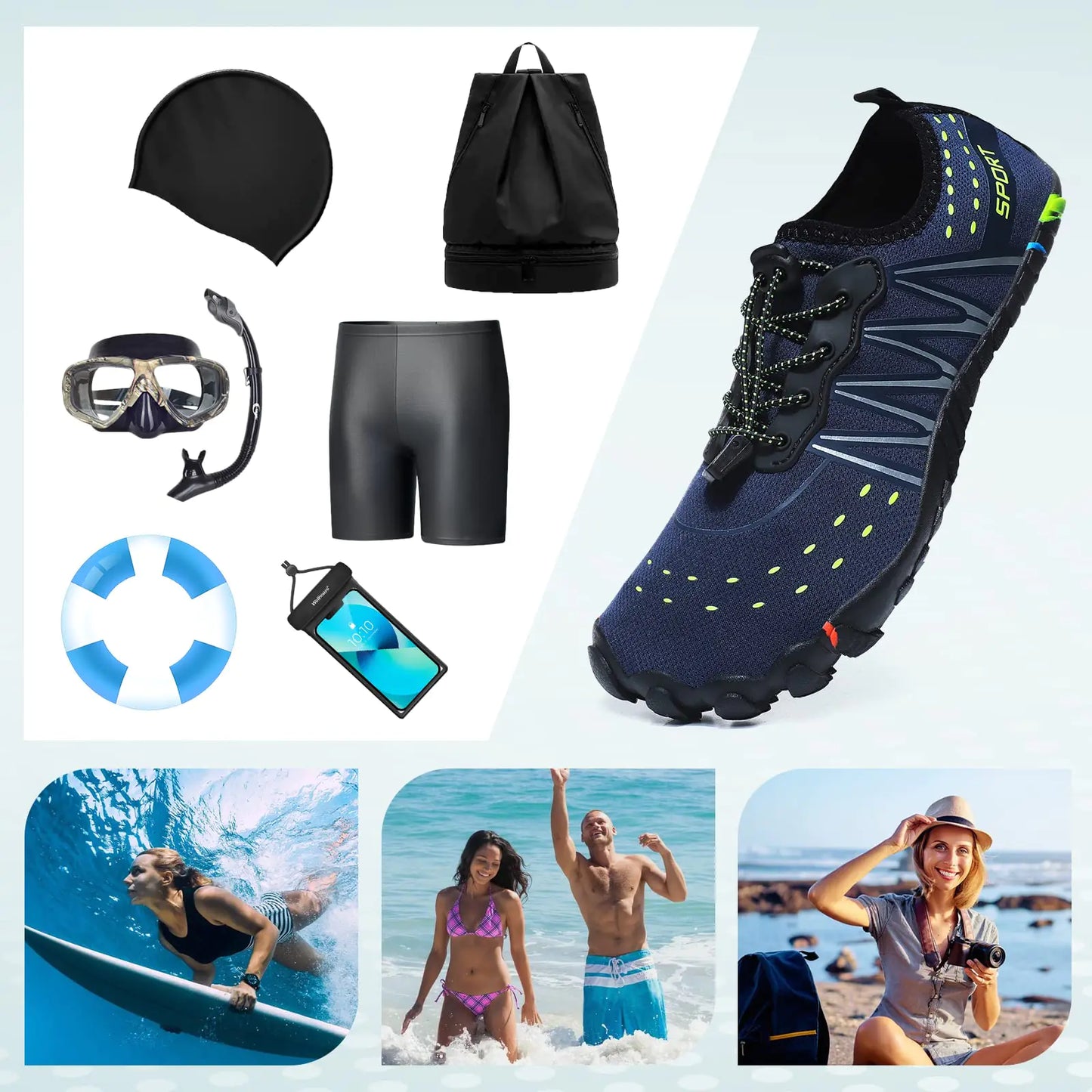 ziitop Water Shoes for Men Women Beach Barefoot Swim Rock Climbing Pool Shoes Socks, Anti-Slip Breathable Quick Dry Lightweight Slip-on, Outdoor Sport Hiking Walking Boating Fishing Diving Surfing 10.5 Women/9.5 Men Blue by Anti Spier