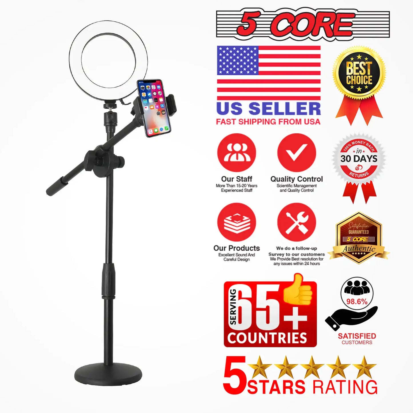 6 inch Ring Light with Cell Phone Stand Adjustable Ring light Angle LED Circle Light w Phone Holder by Anti Spier