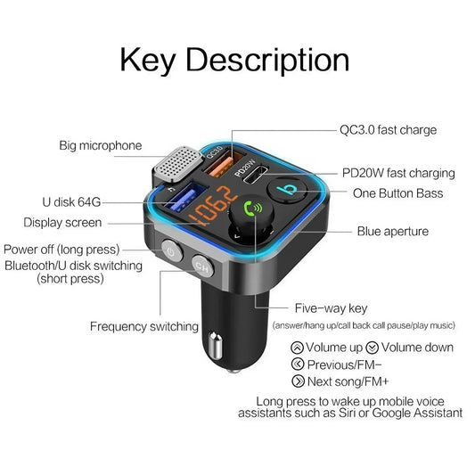 Bluetooth 5.0 FM Transmitter Car Kit - Wireless Hands-Free MP3 Player, Dual USB Quick Charger, PD 20W + QC 3.0, Car Audio Receiv by Anti Spier