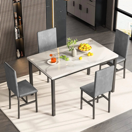 Dining Table Set for 4, 5-Piece Marble DiningTableSet with 4 Velvet Metal Frame Chairs for Kitchen, Bar, Living Room by Anti Spier