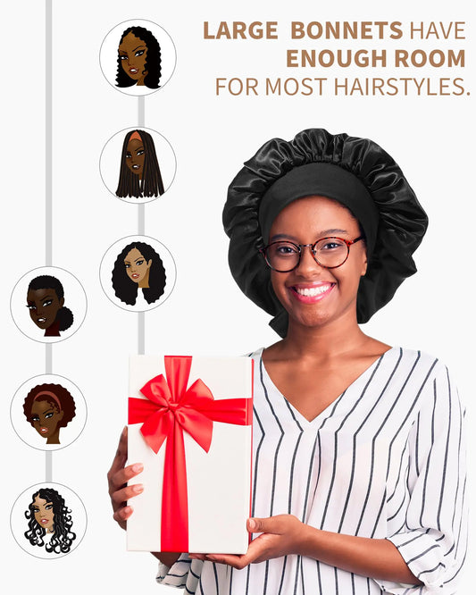 Satin Bonnet for Women Silk Bonnets for Sleeping Curly Hair Bonnet with Tie Band Double Layer Sleep Cap Hair Wrap 7-7 3/8 Black + Red Flower by Anti Spier