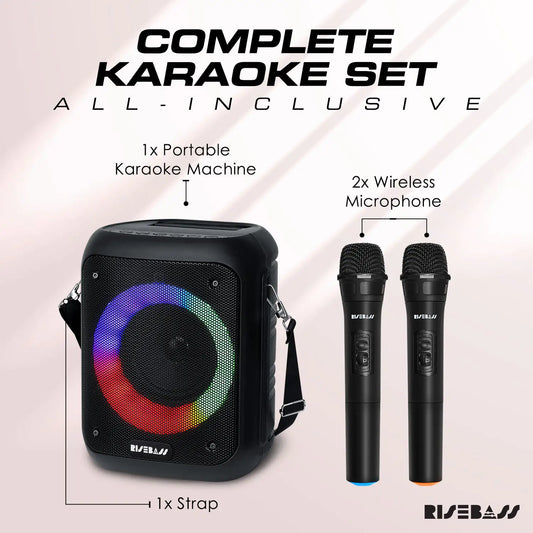 Risebass Portable Karaoke Machine with 2 Wireless Microphones - Bluetooth Rechargeable Speaker with USB/SD/TF Card Support, AUX-in, Tripod Screw Mount and Phone Slot. by Anti Spier