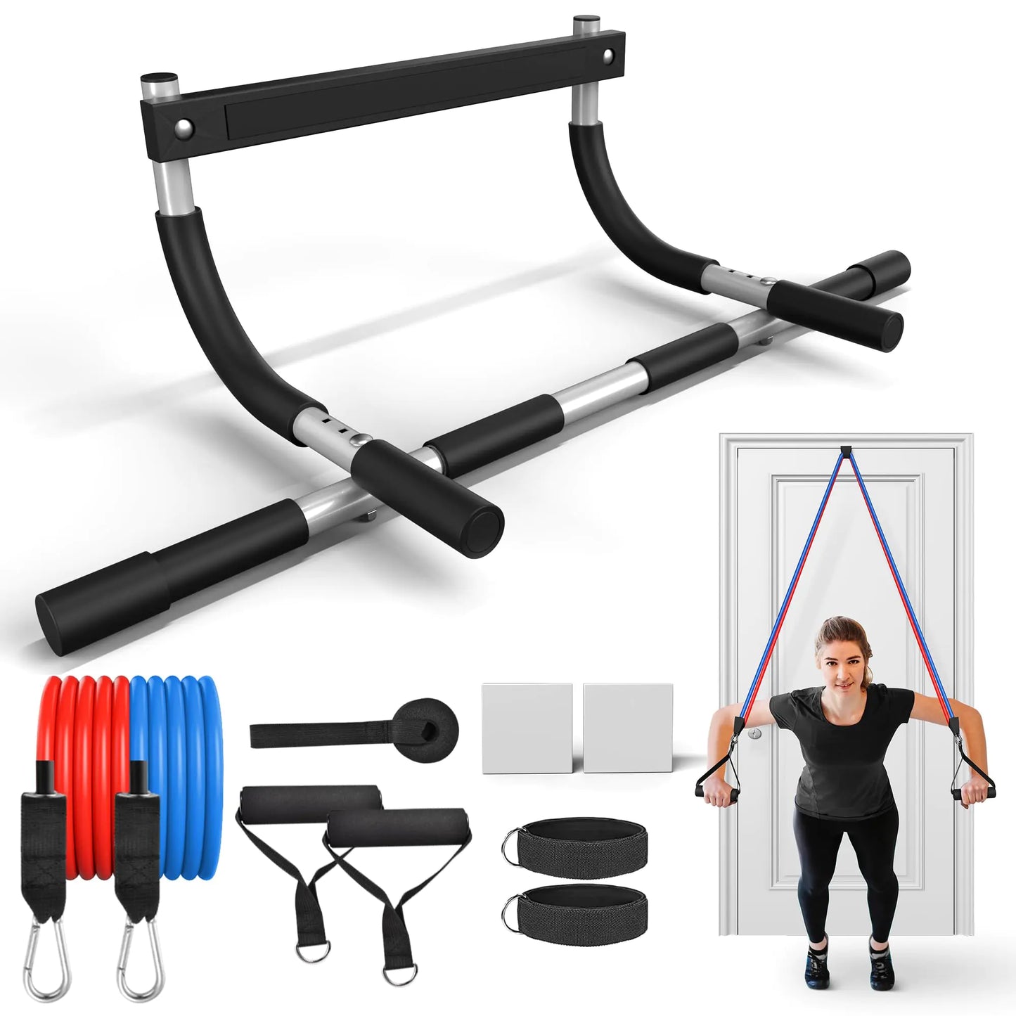 ONETWOFIT Pull Up Bar for Doorway Adjustable Door Frame Chin Up Bar Portable Pull-Up Bar for Home Gym Strength Training Upper Body Fitness Workout Exercise Bar with Resistance Bands Set by Anti Spier
