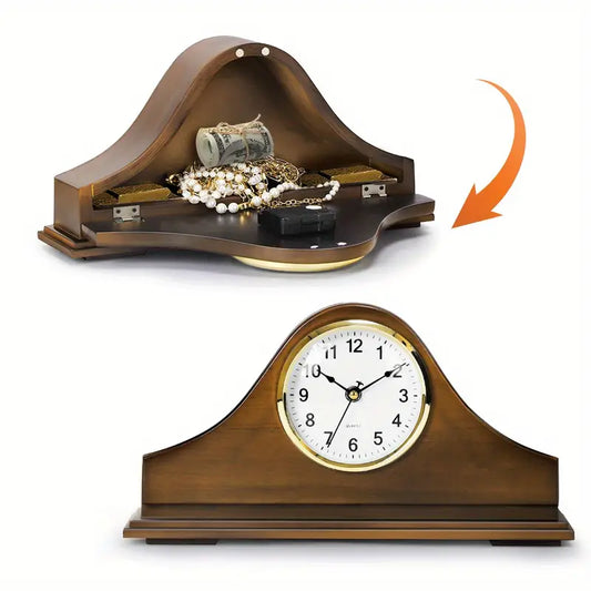 Wooden Mantel Clock - Vintage Silent Clock with Concealed Storage Box, Perfect for Living Room, Office, Dining Room, Decoration, Gift by Anti Spier