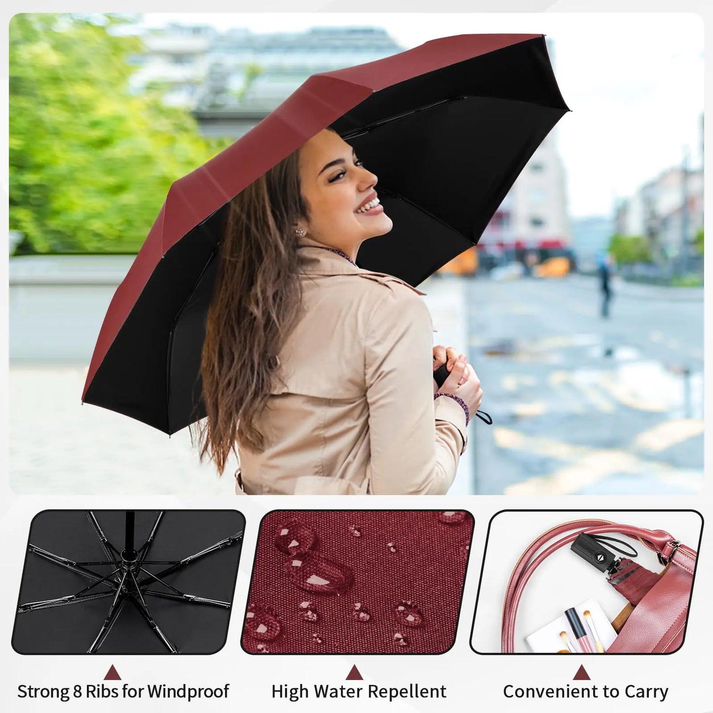 Yoobure Windproof Travel Umbrella, Automatic Umbrellas for Rain, Portable & Compact Umbrella for Backpack, Sun Umbrella for Walking, Folding Small Umbrella for Car, Lightweight Strong UV Protection Auto-Burgundy Red by Anti Spier