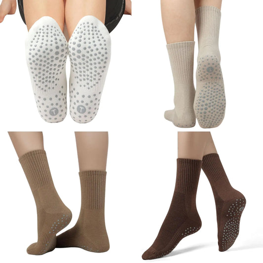 Toes Home Pilates Socks for Women with Non Slip Grippers, Yoga Crew Socks for Barre Hospital Sticky Slipper Socks 4 Pairs 6-10 Tan by Anti Spier