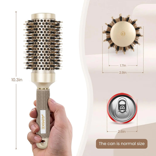 AIMIKE Round Brush, Nano Thermal Ceramic & Ionic Tech Hair Brush, Round Barrel Brush with Boar Bristles for Blow Drying, Styling, Curling, Add Volume & Shine (2.9 inch, Barrel 1.7 inch) + 4 Clips 43mm-1.7 Inch (2.9 Inch with Bristles) by Anti Spier