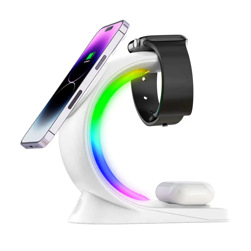 4 In 1 Magnetic Wireless Charger Fast Charging For Smart Phone Atmosphere Light Charging Station For Airpods Pro I-phone Watch by Anti Spier