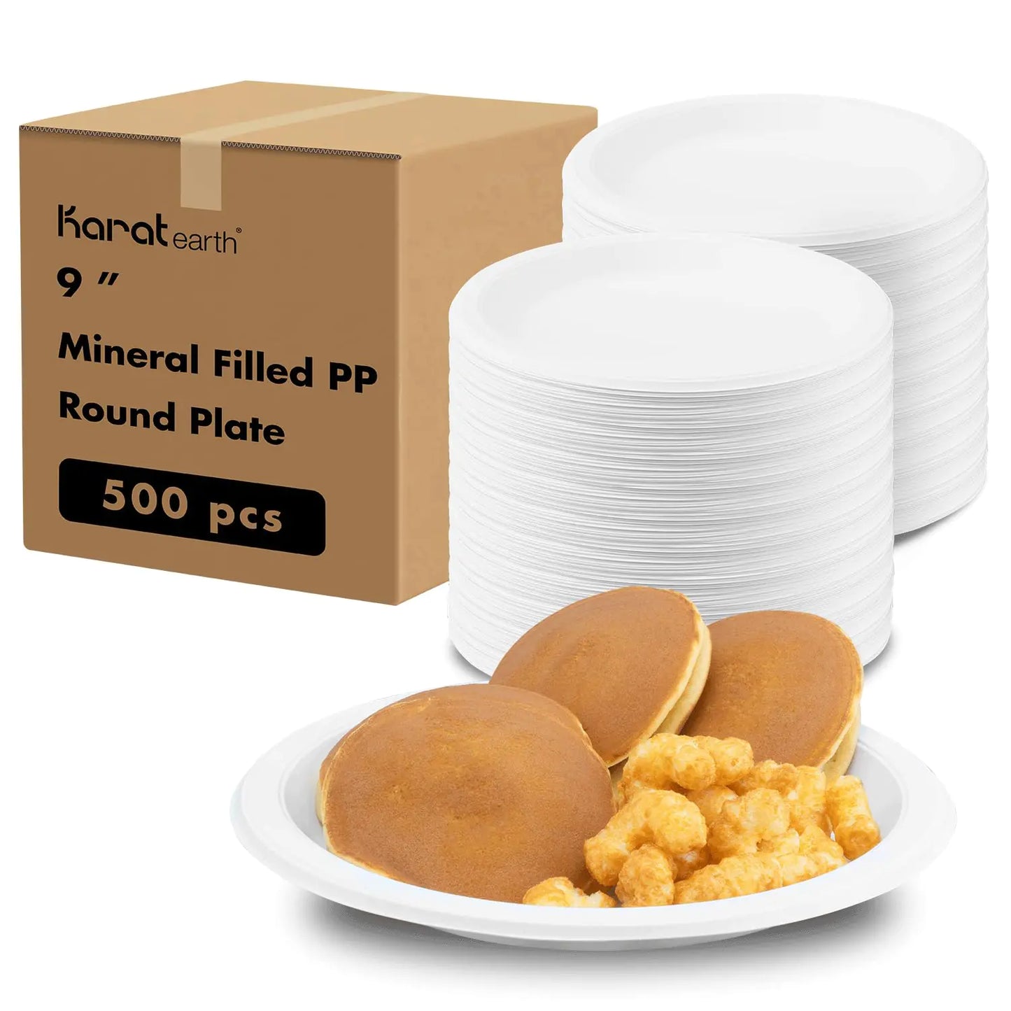 KARAT EARTH [9" - 500 pcs - 1 Compartment White Round Heavy Duty Disposable Plates - Eco Friendly Mineral Filled PP Plastic Reduce Plastic Use by Anti Spier