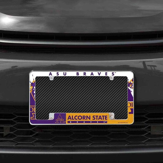 Alcorn State University Braves Metal License Plate Frame Chrome Tag Cover All Over Design 6x12 Inch by Fielders Choice