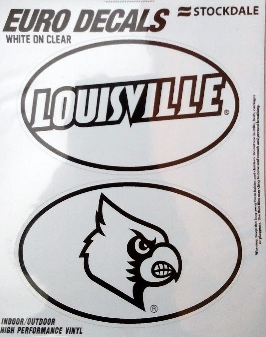 University of Louisville Cardinals 2-Piece White and Clear Euro Decal Sticker Set, 4x2.5 Inch Each by Fielders Choice