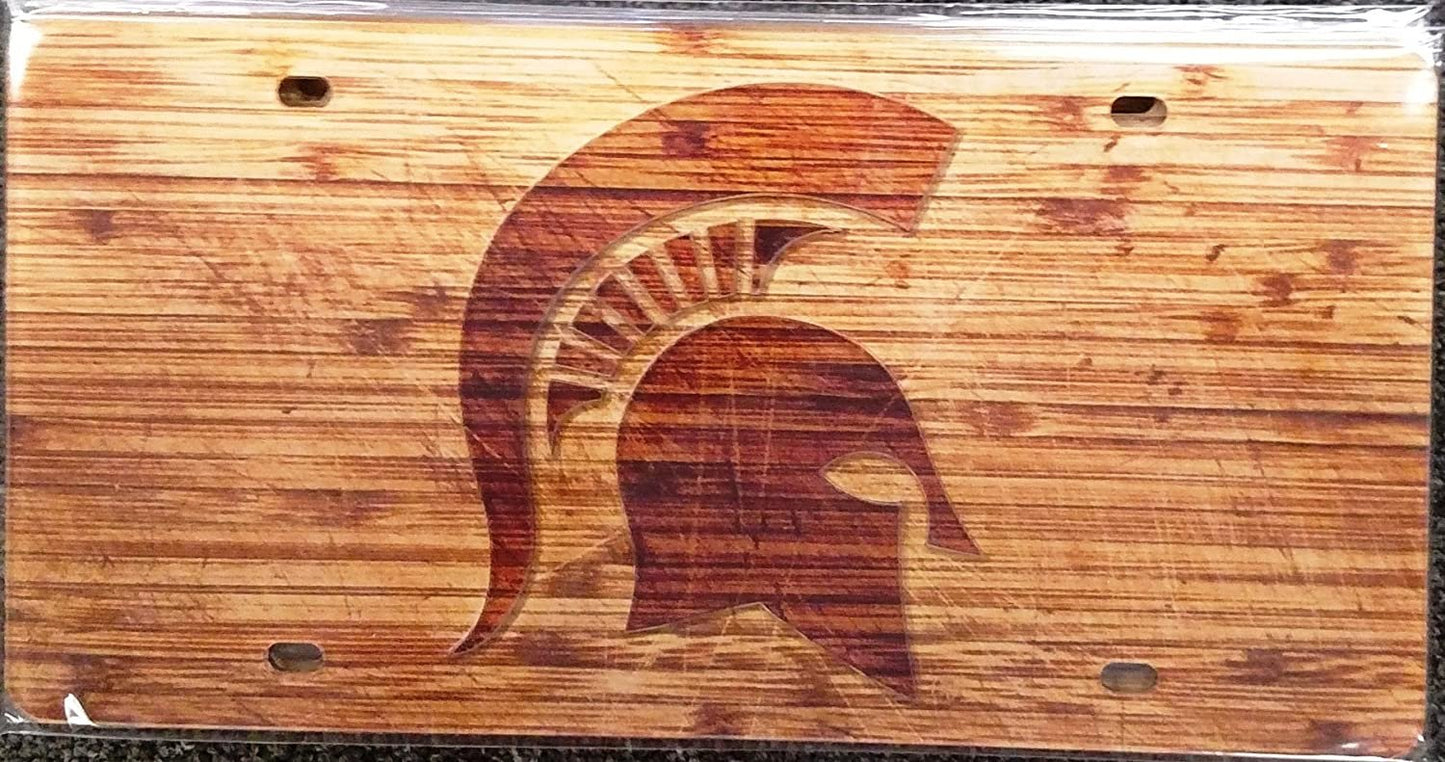 Michigan State University Spartans Premium Laser Cut Tag License Plate, Woodgrain Design, Mirrored Acrylic Inlaid, 6x12 Inch by Fielders Choice