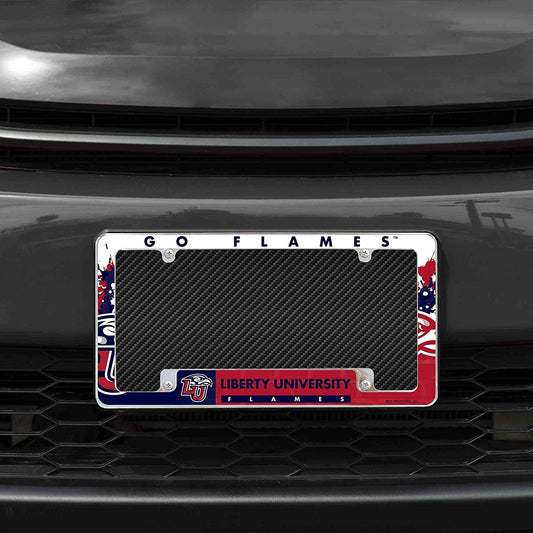 Liberty University Flames Metal License Plate Frame Chrome Tag Cover All Over Design 6x12 Inch by Fielders Choice