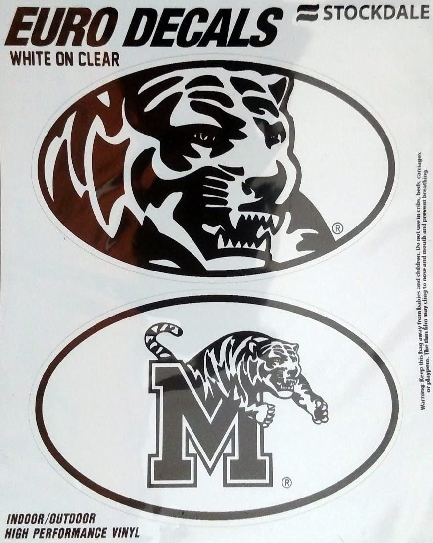 University of Memphis Tigers 2-Piece White and Clear Euro Decal Sticker Set, 4x2.5 Inch Each by Fielders Choice