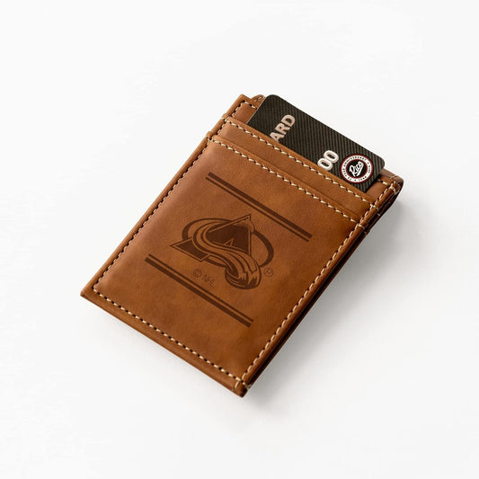 Rico Industries NHL Colorado Avalanche Premium Laser Engraved Vegan Brown Leather Front Pocket Wallet - Compact and Slim yet Sturdy Design - Perfect to Show Your Team Pride or Gift by Fielders Choice