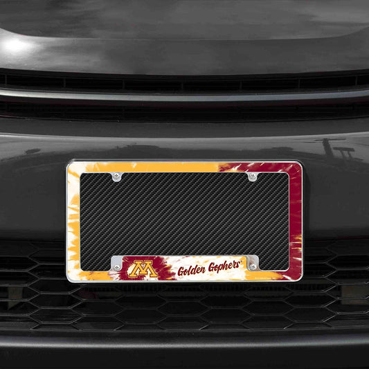 University of Minnesota Golden Gophers Metal License Plate Frame Chrome Tag Cover Tie Dye Design 6x12 Inch by Fielders Choice