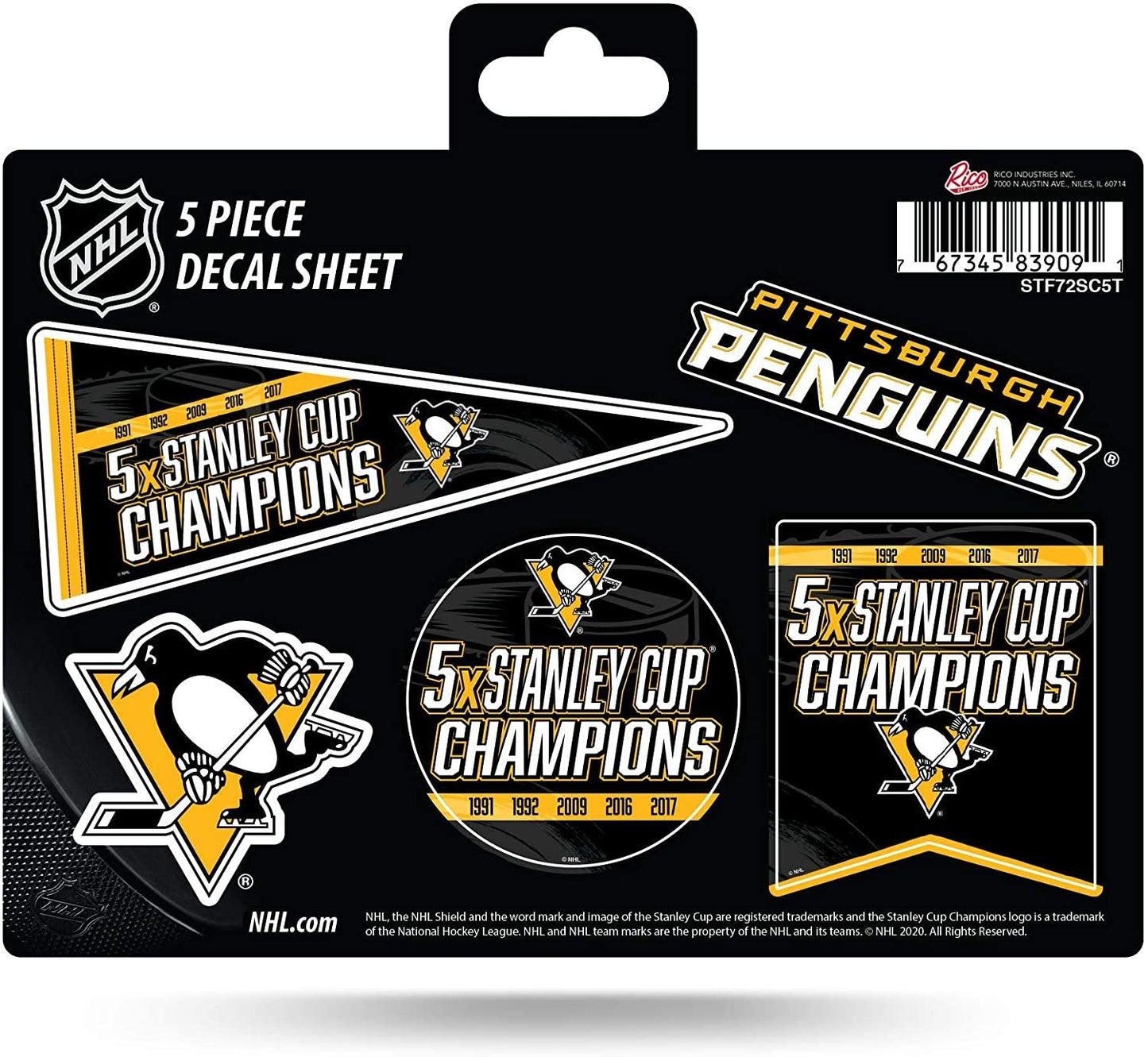 Pittsburgh Penguins Decal Sticker 5X Time Champions 5 Piece Multi Sheet Flat Vinyl Emblem Hockey by Fielders Choice