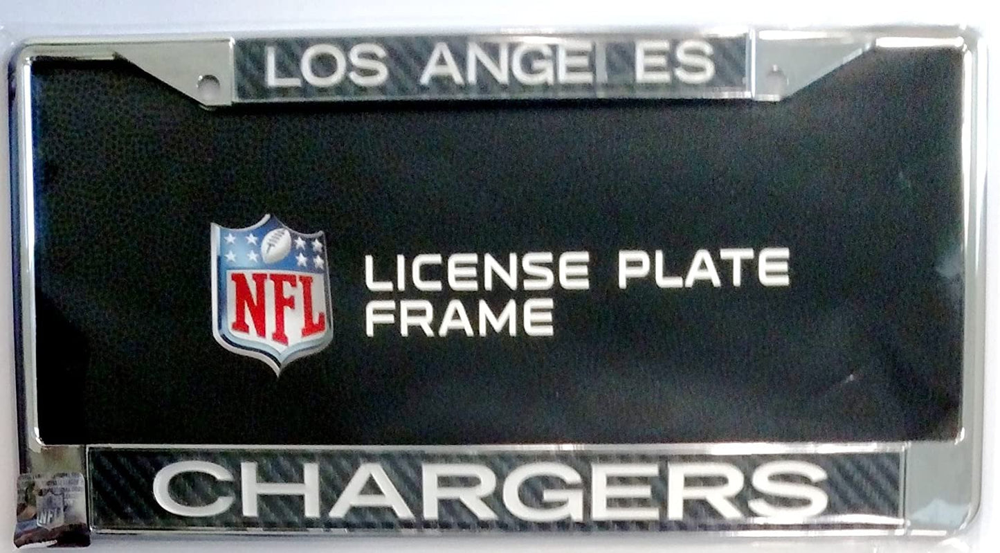 Los Angeles Chargers Metal License Plate Frame Chrome Tag Cover, Carbon Fiber Design, Laser Acrylic Inserts, 12x6 Inch by Fielders Choice