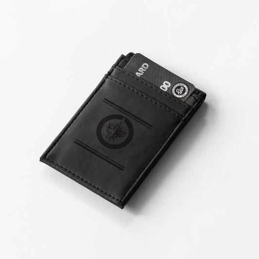 Winnipeg Jets Premium Black Leather Wallet, Front Pocket Magnetic Money Clip, Laser Engraved, Vegan by Fielders Choice
