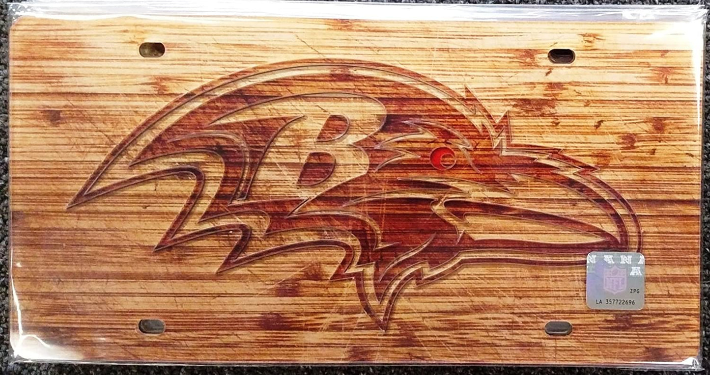 Baltimore Ravens Premium Laser Cut Tag License Plate, Woodgrain Design, Mirrored Acrylic Inlaid, 6x12 Inch by Fielders Choice