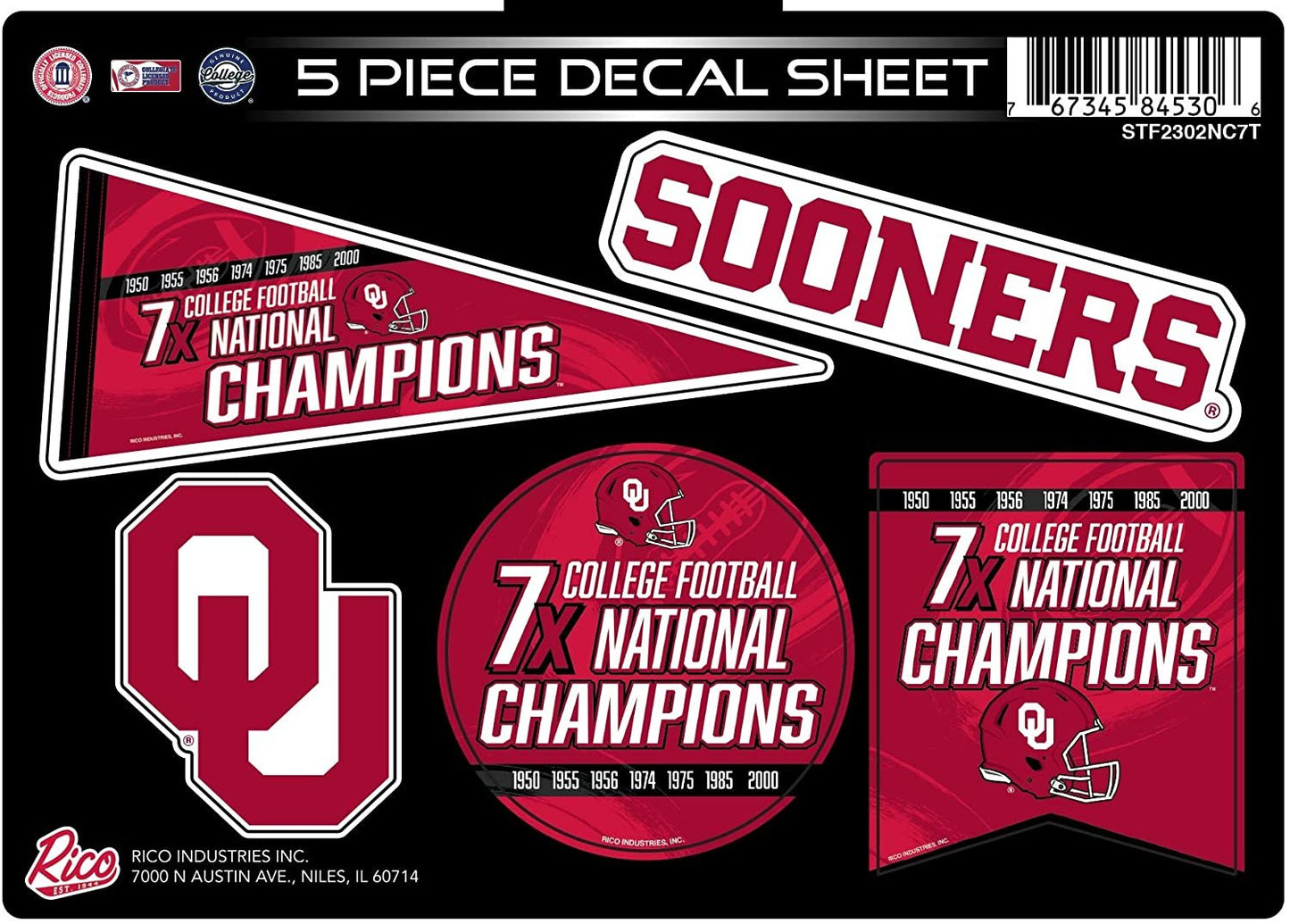 Oklahoma Sooners Decal Sticker Sheet 7X Time Champions 5 Piece Multi Flat Vinyl Emblem College Football University of by Fielders Choice
