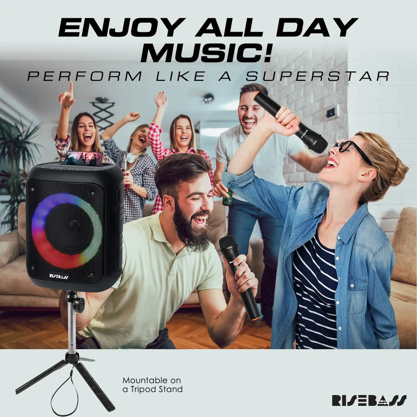 Risebass Portable Karaoke Machine with 2 Wireless Microphones - Bluetooth Rechargeable Speaker with USB/SD/TF Card Support, AUX-in, Tripod Screw Mount and Phone Slot. by Anti Spier