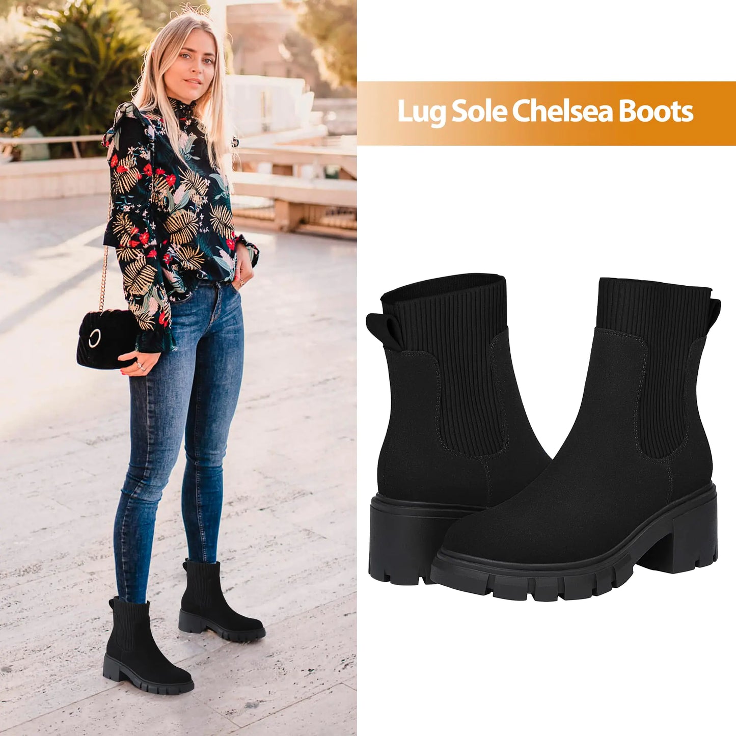 Athlefit Women's Chelsea Boots Fashion Slip on Platform Ankle Boots Lug Sole Chunky Booties 8 02black by Anti Spier