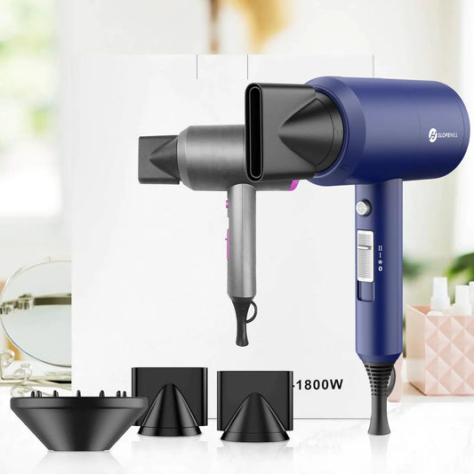 Slopehill Professional Ionic Hair Dryer, Powerful 1800W Fast Drying Low Noise Blow Dryer with 2 Concentrator Nozzle 1 Diffuser Attachments for Home Salon Travel (Prussian Blue) Prussian Blue by Anti Spier