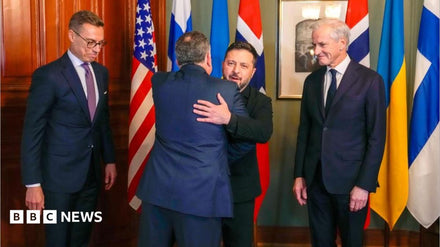 Photo of President Volodymyr Zelensky speaking at a press conference in Oslo during the 2024 summit with US officials.
