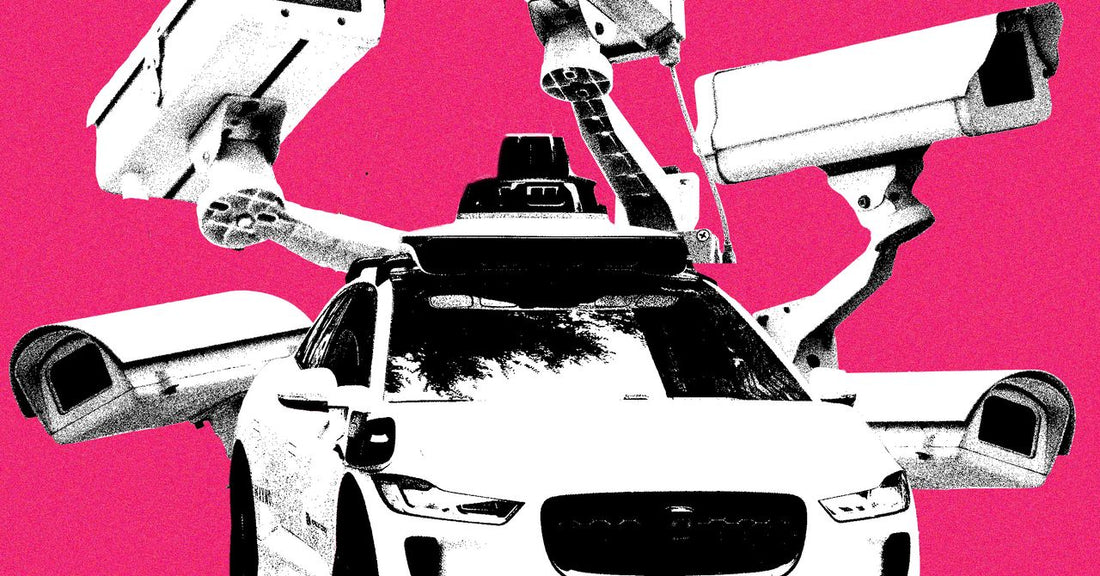 Interior view of a Waymo autonomous taxi showing a ceiling-mounted camera aimed at the passenger seat