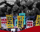 Protesters holding signs outside an ICE detention center in Miami, Florida, highlighting community fear of raids.