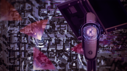 Flock AI surveillance camera mounted on a city streetlight with a visible lens and LED indicator.