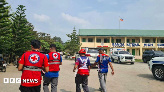 Damaged classroom interior with bullet holes and shattered windows after the Philippines school shooting