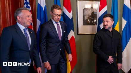 Volodymyr Zelensky meeting the US envoy in Oslo, 2024, with flags of Ukraine and the United States visible