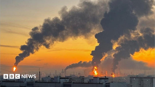 Aerial view of smoke rising from a damaged oil refinery in the Moscow region after a Ukrainian drone strike
