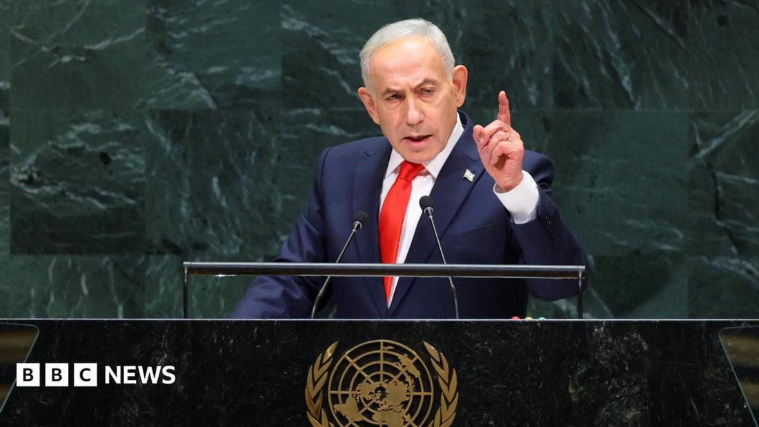 Benjamin Netanyahu speaking at the UN General Assembly with a backdrop of the UN emblem