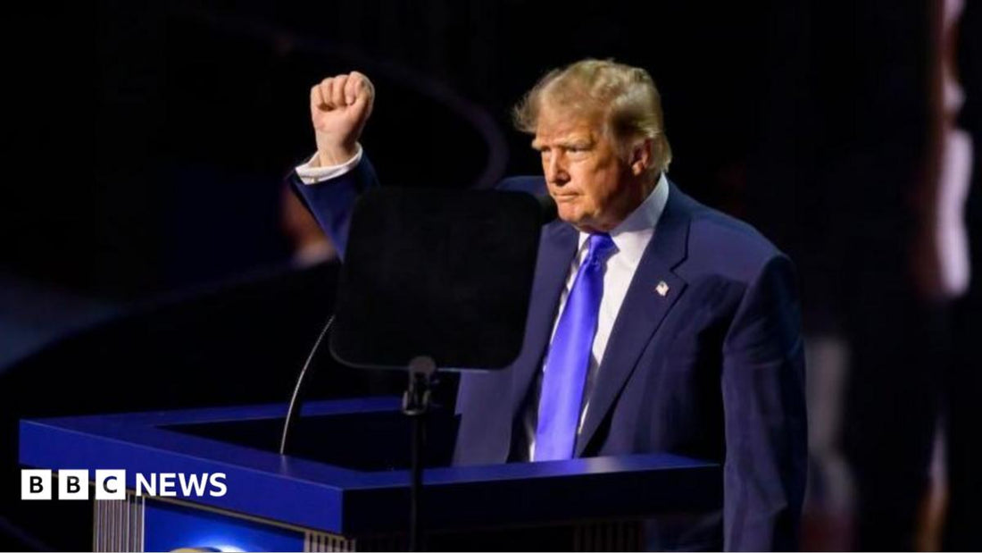 Photo of Donald Trump speaking at a Republican convention with a backdrop of the party logo