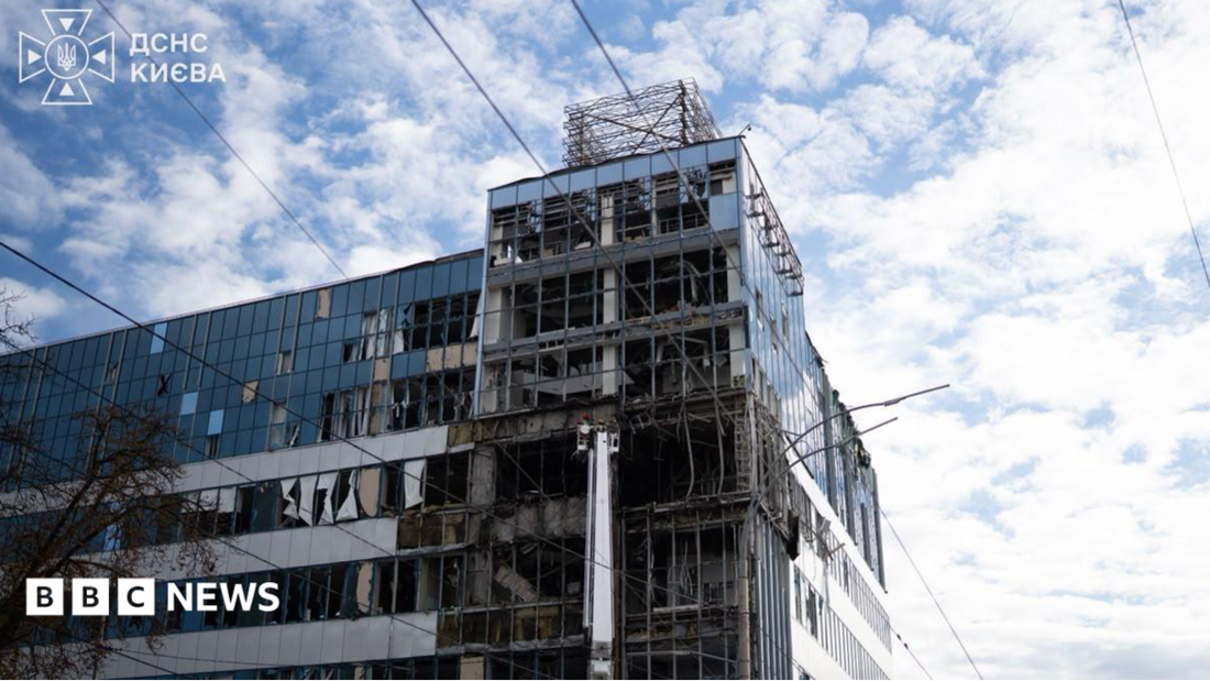 A Ukrainian data centre building with visible damage after a missile strike