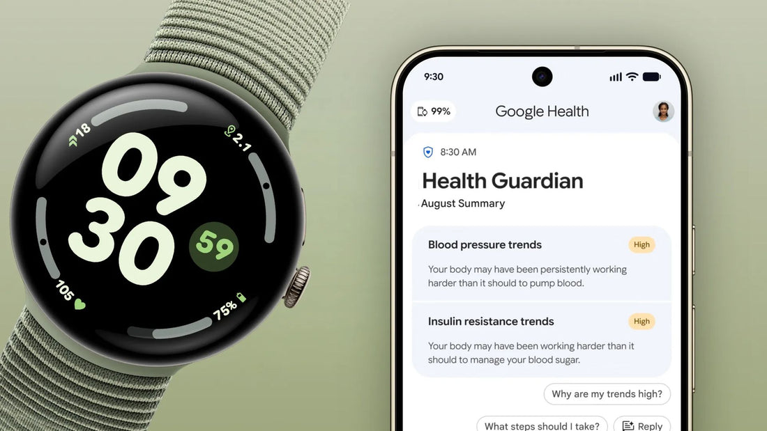 Pixel Watch 5 screen showing a monthly blood pressure trend chart