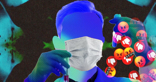 A person in a lab coat holding a beaker