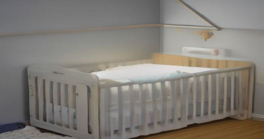 Smart baby monitor camera mounted above a crib with a mobile app displaying sleep and speech analytics