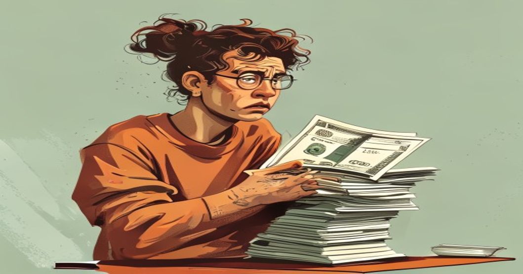 A person looking worried while holding a stack of bills