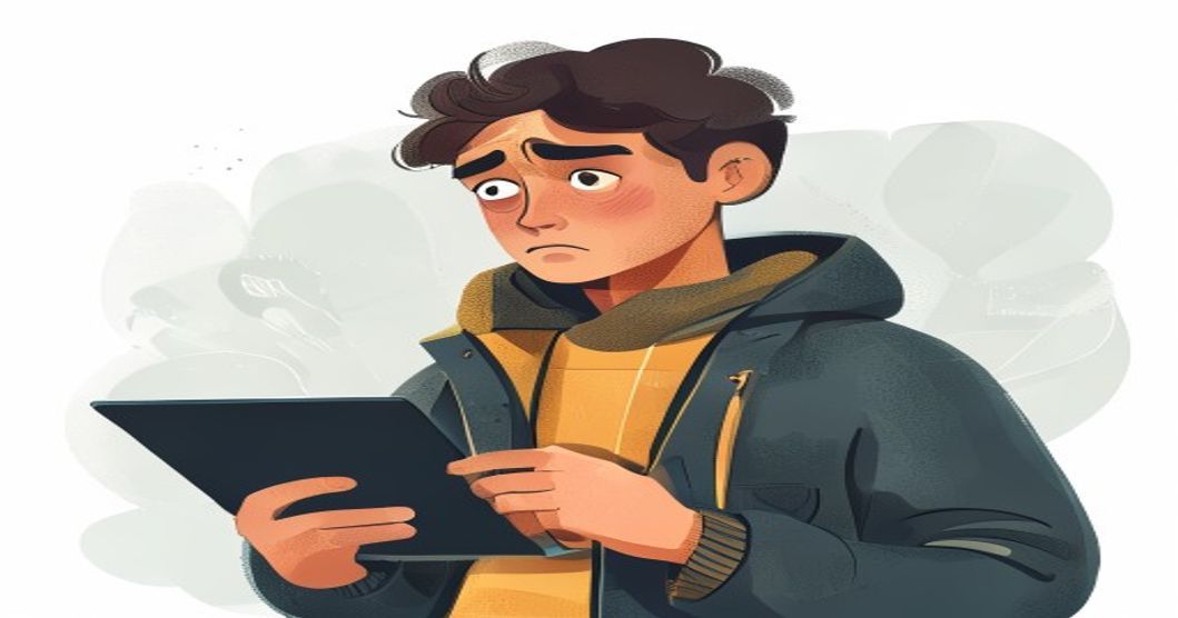 A person holding a tablet with a concerned expression