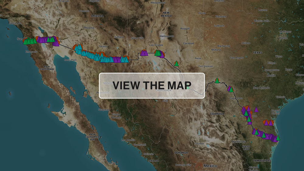 GIS map overlay showing concentrations of migrant deaths within 500 meters of US-Mexico border surveillance towers